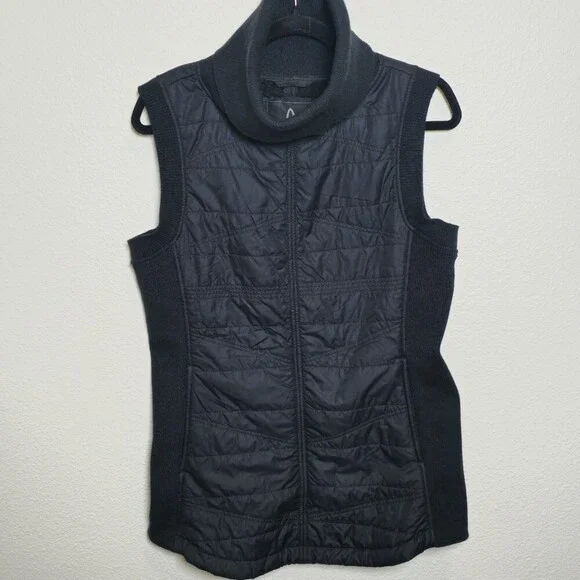 prAna Women’s Quilted Fleece Vest Small Black Cowl Neck Outdoor Hiking - Picture 1 of 9